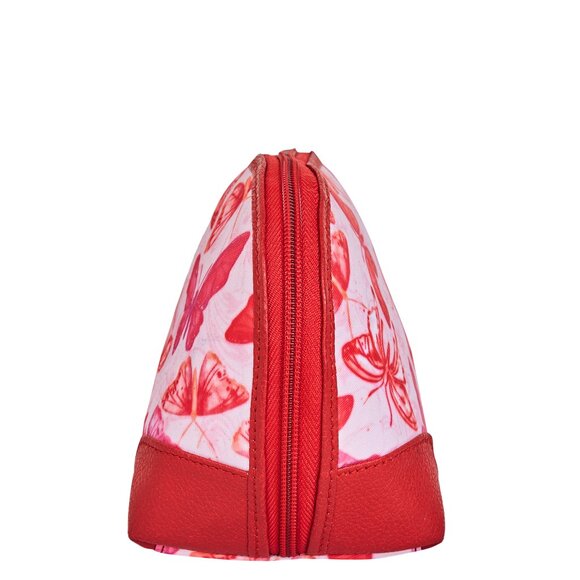 Printed Fabric Pink Cosmetic Pouch Bag for Women, Travel Case with Leather trim - Picture 6 of 8